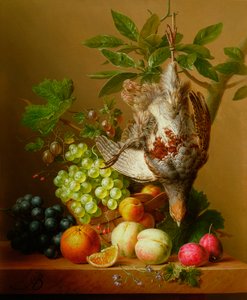 Natura morta con frutta e una pernice morta